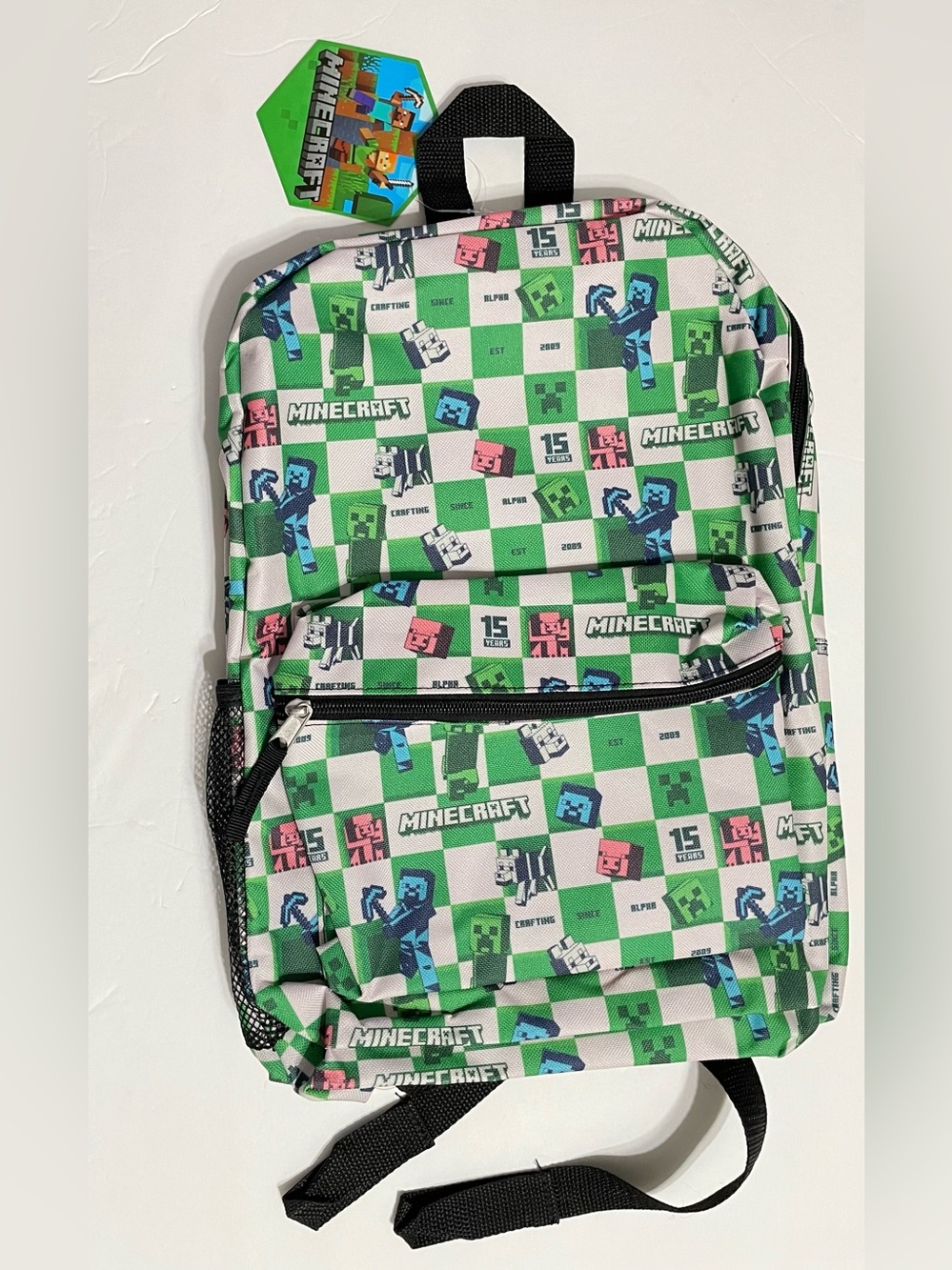 Large Backpack - Minecraft Creeper Steve Checker Allover Print 16" School NEW